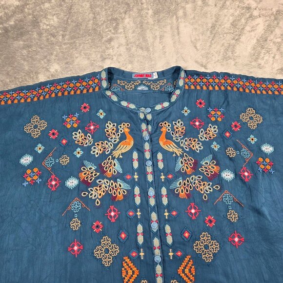 Johnny Was Top Womens M Blue Brony Embroidered Blouse Peacock Boho - Picture 6 of 11